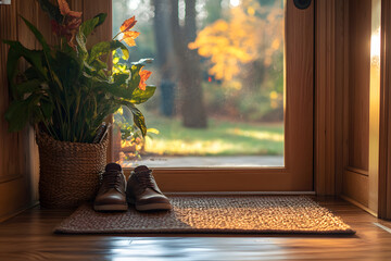 Brown Leather Shoes, Wicker Basket, and Doormat by Glass Door