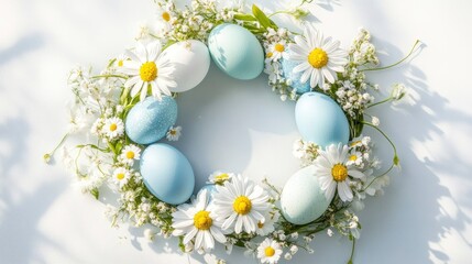 A beautiful spring wreath adorned with pastel blue and white Easter eggs, surrounded by fresh daisies and delicate flowers.