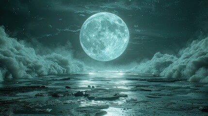 Surreal nightscape with a large, teal full moon rising over a calm, icy sea under a cloudy sky.