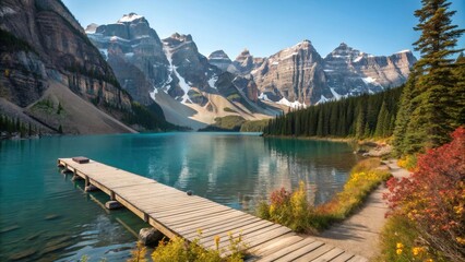 Obraz premium A Wooden Dock Extends Into a Tranquil Turquoise Lake Surrounded by Majestic Mountains, A Path Windings Through Lush Green Foliage Towards the Pristine Waters