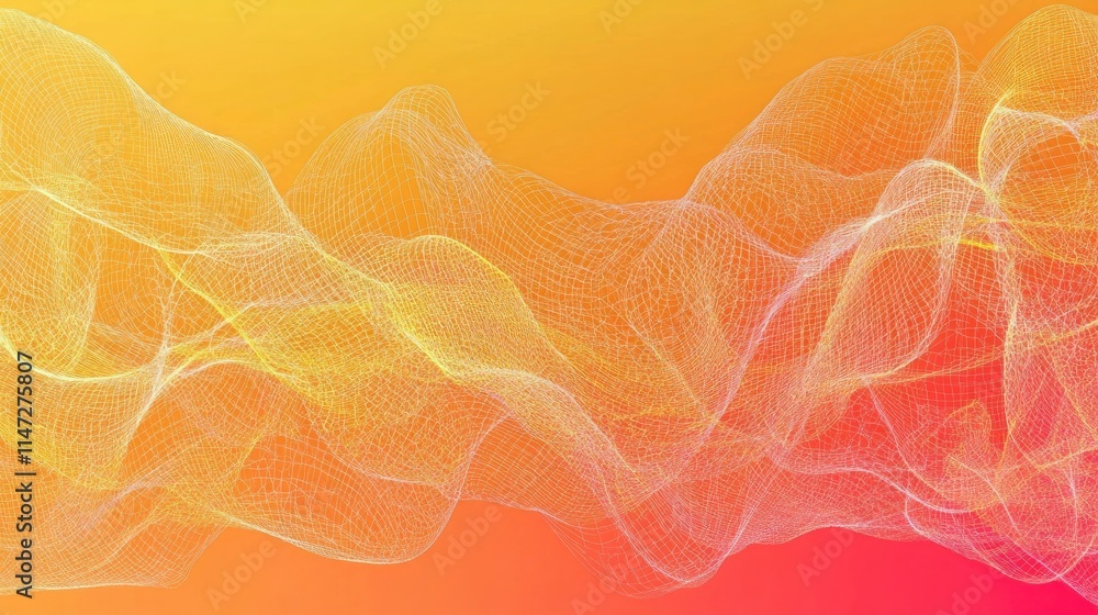 Poster abstract wave background featuring intricate mesh lines flowing across an orange and pink gradient a