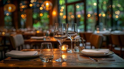 Romantic restaurant table setting with wine glasses, candlelight, and bokeh background.