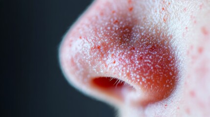 Fototapeta premium Close up of red irritated nose, emphasizing the discomfort and struggle of allergies or cold symptoms, highlighting the human vulnerability and resilience in the face of common ailments.