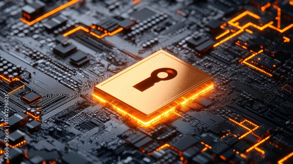 Poster digital security concept with a golden padlock symbol on a circuit board featuring glowing connectio