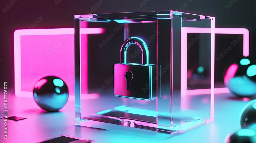 Poster a high-tech representation of digital security featuring a transparent cube enclosing a padlock, ill