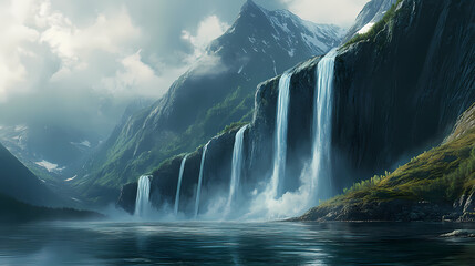Fototapeta premium Seven sisters waterfall cascading into a serene fjord in norway, norway, seven sisters, water, waterfall, fjord, nature. Fjordic. Illustration