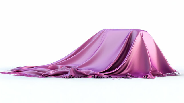 A draped pink fabric creates a soft, elegant appearance, suggesting a concealed object beneath.