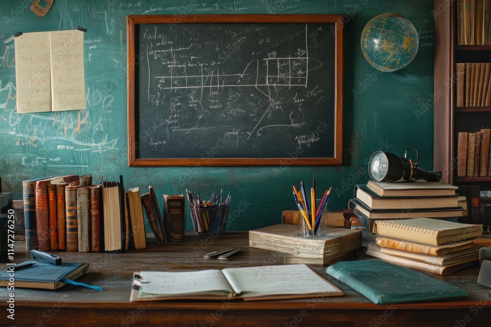 Poster books and stationery arranged on a wooden desk with a chalkboard background in a study space. genera
