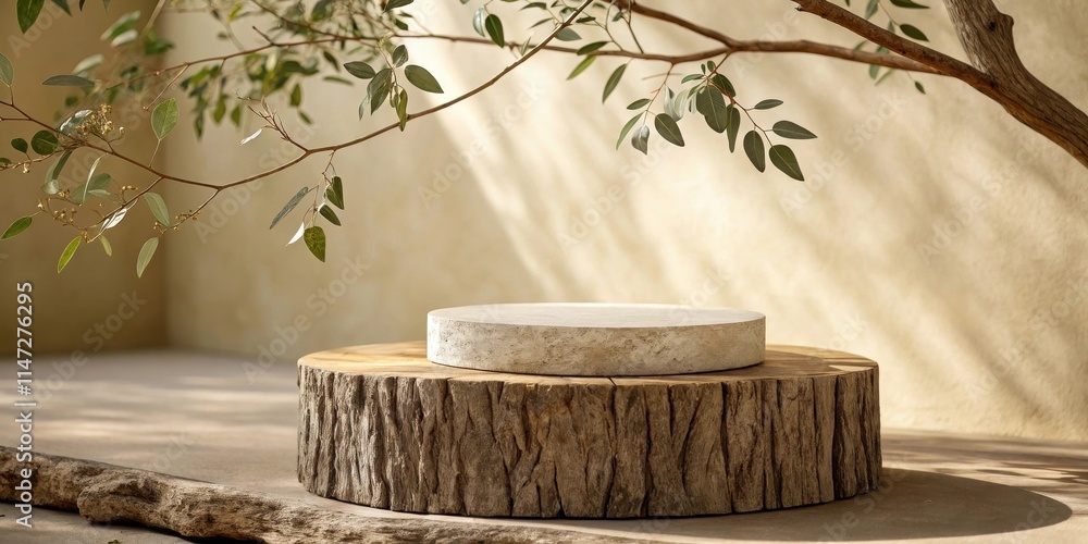 Poster a rustic wooden and stone podium with natural light streaming through tree branches casting shadows 