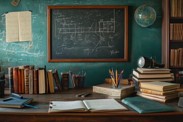 Books and stationery arranged on a wooden desk with a chalkboard background in a study space. Generative AI