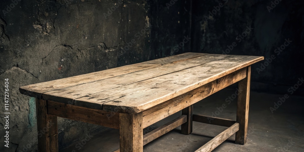 Poster rustic wooden table in a dimly lit space with a worn concrete wall in the background