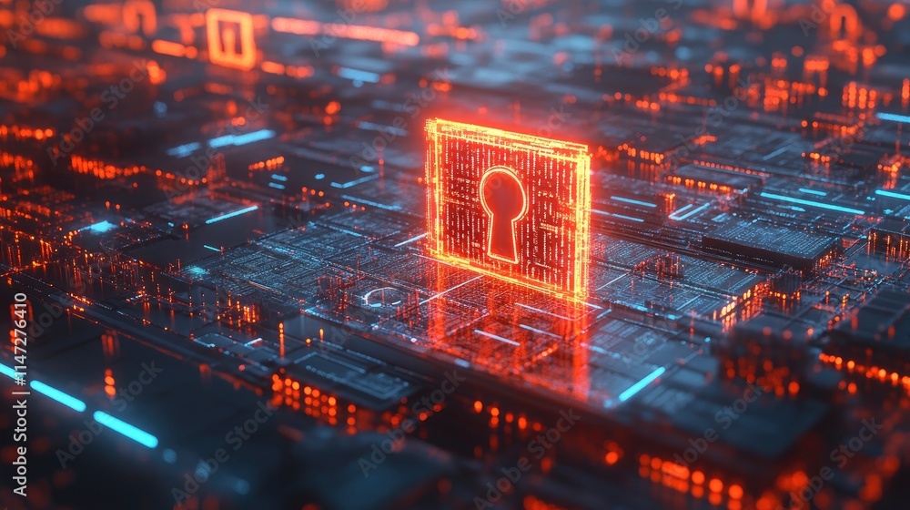 Poster a futuristic digital landscape featuring a glowing keyhole symbol amidst an intricate network of cir