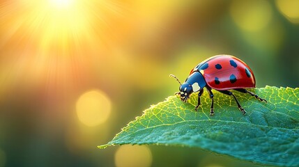 Fototapeta premium A vibrant ladybug perched on a green leaf illuminated by warm sunlight, showcasing nature's beauty in a serene setting