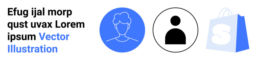 Blue and white vector with a person icon, a profile avatar icon, and a shopping bag icon. Ideal for online shopping, user profiles, e-commerce, digital identities, web design. Landing page