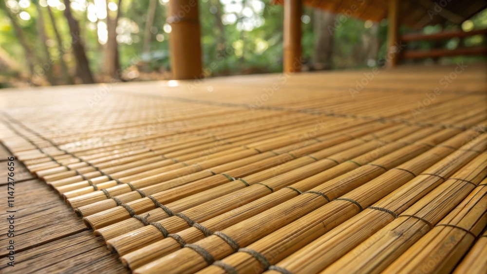 Poster a close-up view of a woven bamboo mat with natural light shining through the slats, showcasing its i