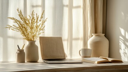 Cozy home office corner featuring a laptop, decorative vases, and soft natural light streaming through sheer curtains