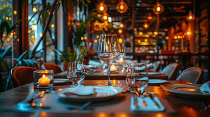 Romantic Restaurant Table Setting with Candlelight and Warm Lighting