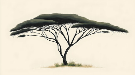 A stylized illustration of a solitary tree with a broad canopy against a light background.