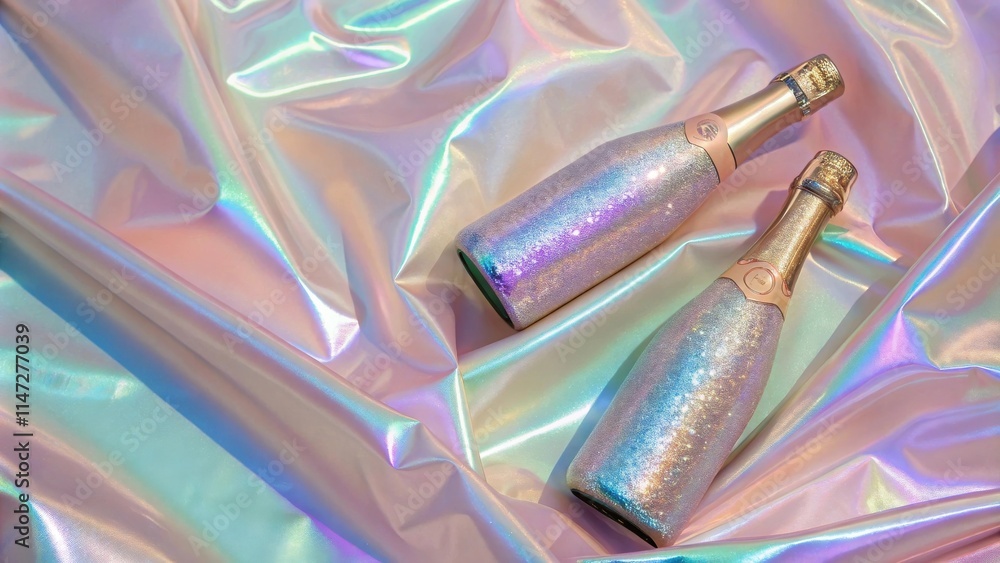 Poster two champagne bottles with sparkling glitter laying on an iridescent fabric