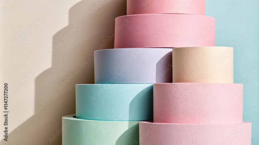 Poster Abstract Pastel Cylinders Stacked Against a Soft Background, Displaying a Playful Geometric Composition of Color and Form