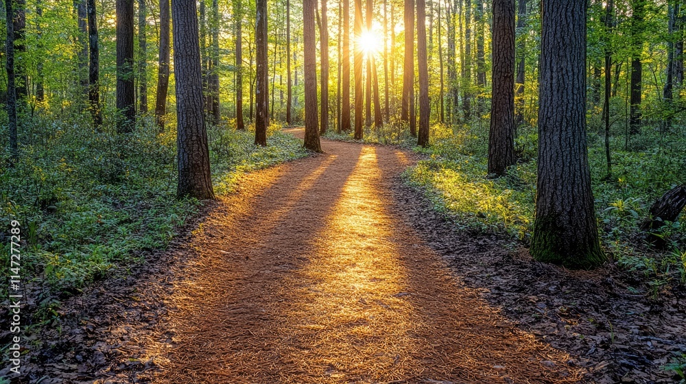 Poster a serene forest path illuminated by golden sunlight filtering through tall trees in a vibrant spring