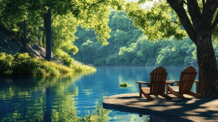 A beautiful outdoor setting with a set of Adirondack chairs placed by a peaceful lake, surrounded by trees and reflecting the clear, calm waters of the serene environment