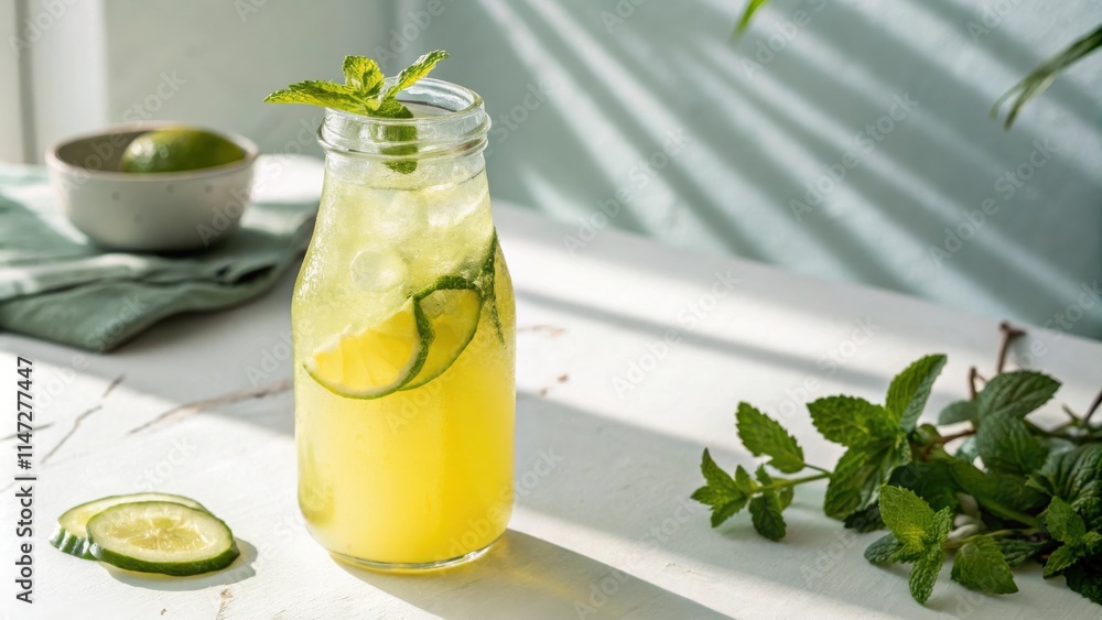 Poster Refreshing cucumber and lime drink with mint garnish on a white table with natural light