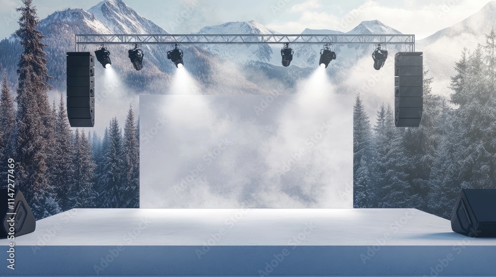 Poster A blank white stage with a speaker and spotlights mounted on a truss system, creating an empty canvas for a live event, performance, or corporate presentation
