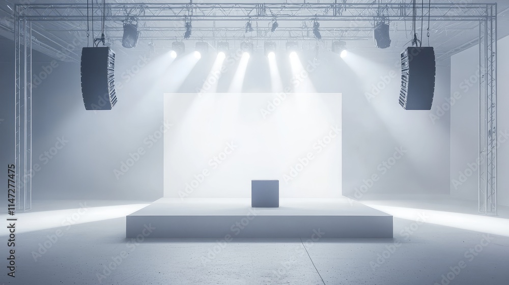 Poster A blank white stage with a speaker and spotlights mounted on a truss system, creating an empty canvas for a live event, performance, or corporate presentation