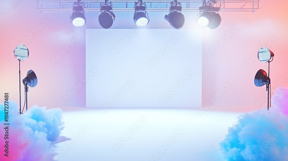 Poster A blank white stage with a speaker and spotlights mounted on a truss system, creating an empty canvas for a live event, performance, or corporate presentation