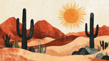 Desert Landscape with Cacti and Bright Sun