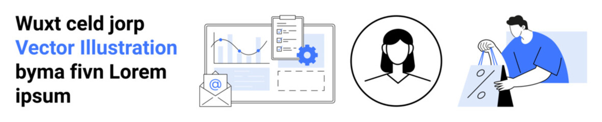 Graph chart, clipboard with data, gears, envelope, female user profile, and man providing feedback. Ideal for business analytics, user profiles, customer feedback data analysis communication tools