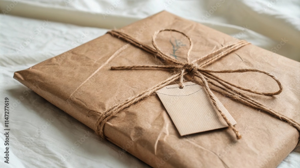 Aufkleber A rustic brown paper package tied with twine and a simple tag, resting on a soft white fabric surface