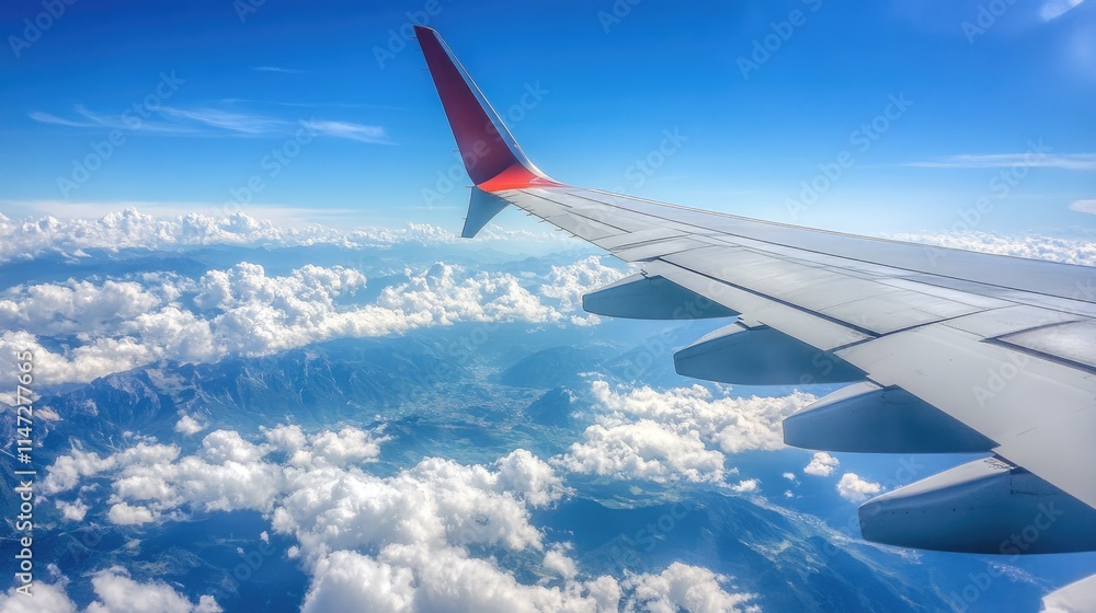 Poster a breathtaking view from a plane window, where fluffy clouds drift lazily below the aircraft, creati