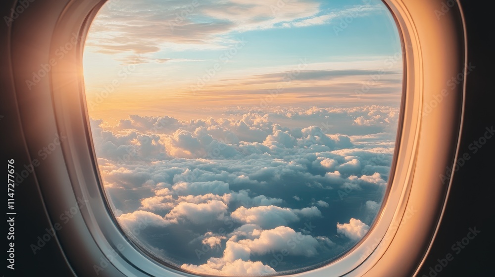 Poster a breathtaking view from a plane window, where fluffy clouds drift lazily below the aircraft, creati