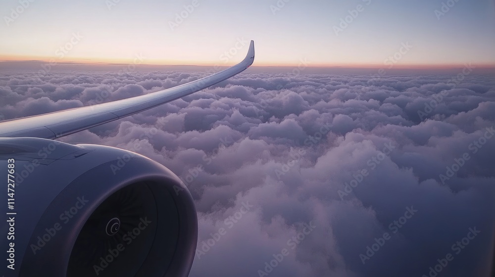 Poster a breathtaking view from a plane window, where fluffy clouds drift lazily below the aircraft, creati