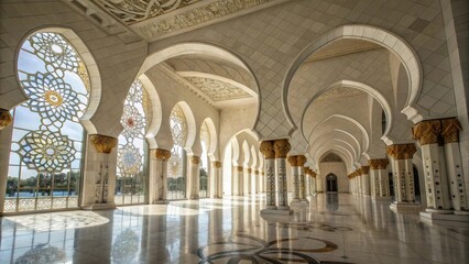 Obraz premium A grand, symmetrical hallway with intricate arches and golden pillars, a view through stained glass windows casting a vibrant glow on the polished floors.