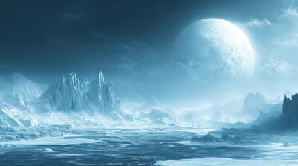 Icy alien planet landscape with large moon.