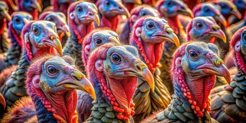 Naklejka premium Close-up long exposure of tightly packed Thanksgiving turkeys, their faces blurred in a flurry of feathers.