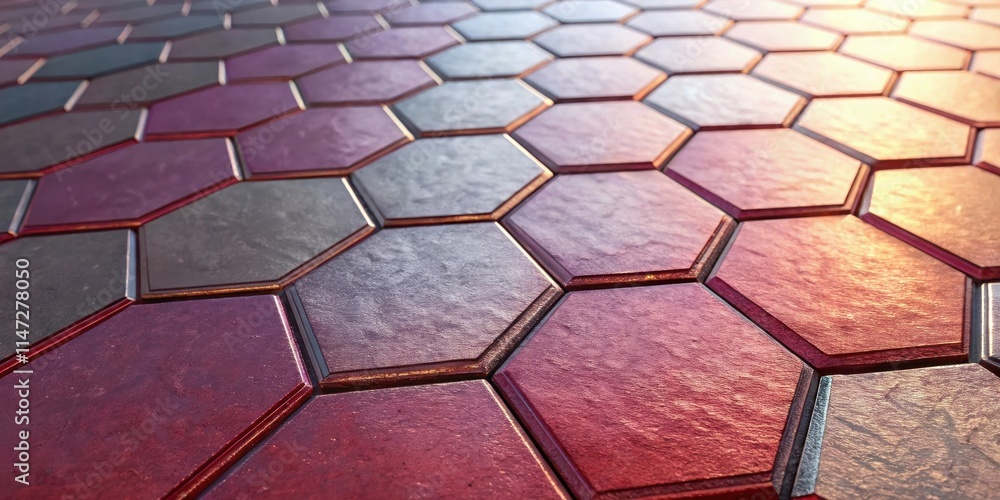 Poster A close-up view of a metallic hexagonal grid with a warm, reddish hue, showcasing intricate details and a sense of depth and perspective