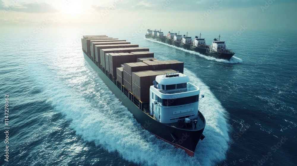 Poster a cargo ship loaded with containers sailing through the ocean, with trucks lined up at a port, symbo
