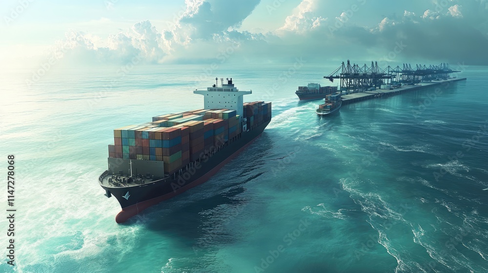 Poster a cargo ship loaded with containers sailing through the ocean, with trucks lined up at a port, symbo