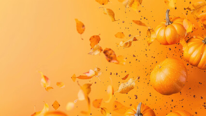 Floating autumn leaves and pumpkins on a vibrant orange background