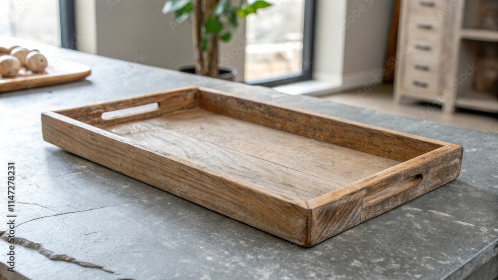 Poster rustic wooden tray with natural wood grain and two handles, placed on a gray stone surface, creating