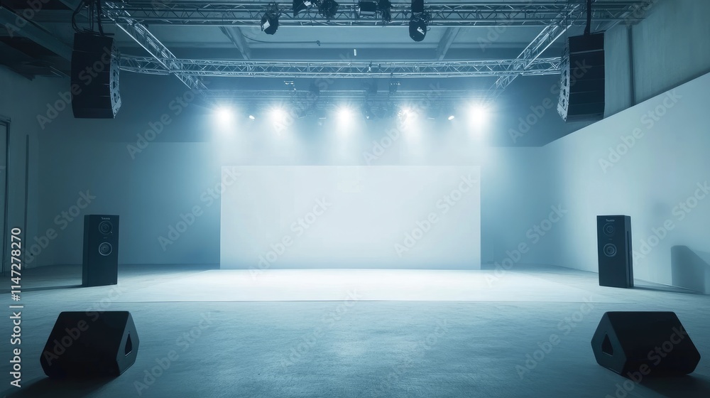 Poster a clean and minimalist event space featuring a white stage, speaker mounted on a truss system, and s