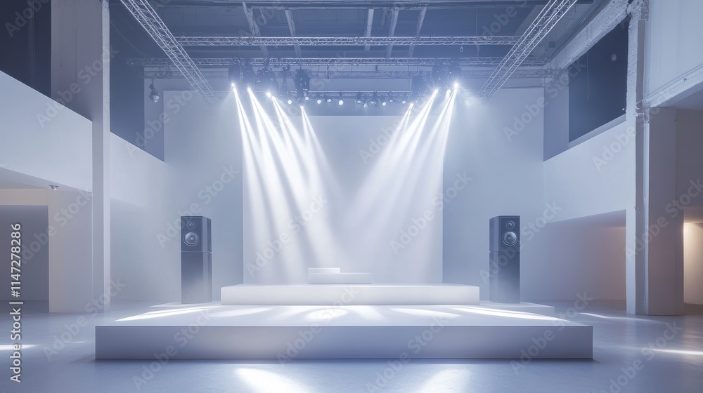 Poster a clean and minimalist event space featuring a white stage, speaker mounted on a truss system, and s
