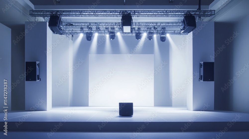 Poster a clean and minimalist event space featuring a white stage, speaker mounted on a truss system, and s