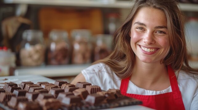 Happy female chocolatier smiling proudly behind a tray of artisan chocolate squares.