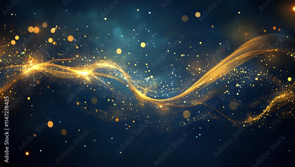 Poster golden particles flowing dynamically across dark blue background, abstract design with sparkling dus