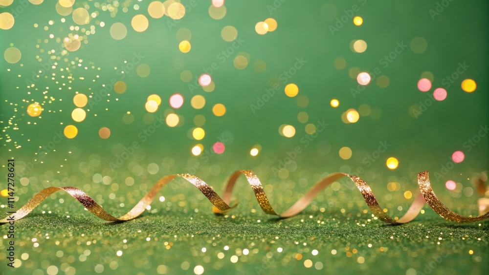Poster A shimmering gold ribbon rests on a green sparkly background, illuminated by scattered bokeh lights.